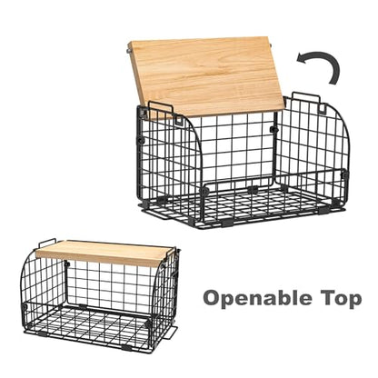 2 Set Stackable Wire Basket with Openable Top, Kitchen Counter, Pantry Organizer and Storage Produce Onion Potato Fruits Vegs Bread Food Snack Spice Organizing Bin for Cabinet Shelf Countertop Floor