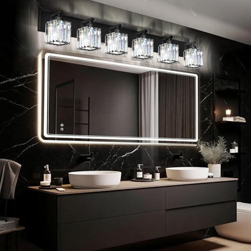 Black Crystal Bathroom Vanity Light, 6-Light Modern Bathroom Lighting Fixtures Over Mirror, Matte Black Wall Sconce Light Fixtures with Square Shade - color: Black-Square Shade, size: 6-LIGHT