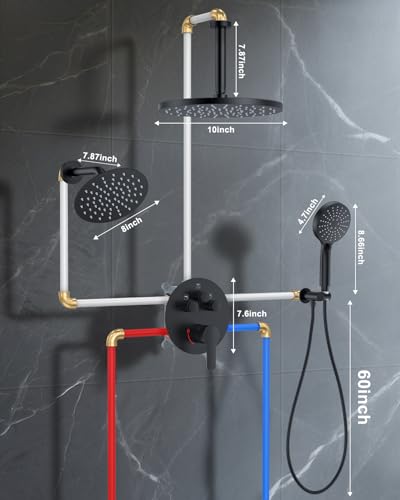 Woindo Shower System with Pressure Balance Valve, 10" Ceiling Mount Shower Faucet Set with 2 Rain Shower Head And Multi-function Handheld Head Push Button Diverter Pressure Balancing Valve Kit - color: Matte Black, style: 10"-Round