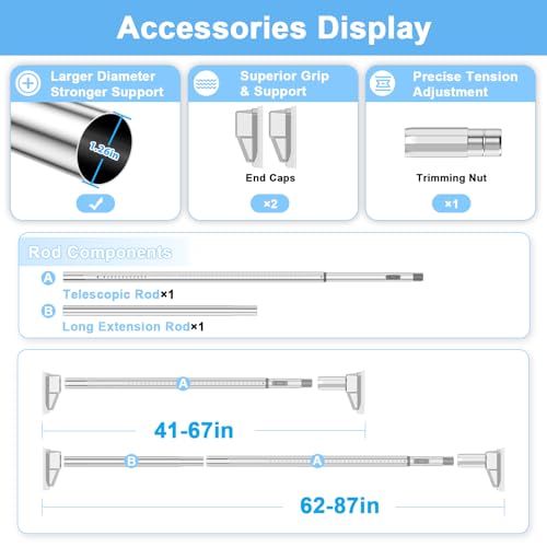 41 to 86 Inch Tension Curtain Rod, Silver | No Drill, Extra Long, Heavy Duty, Renter Friendly Adjustable - color: Silver, size: 41-86inch
