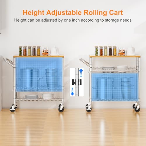 NTE Rolling Kitchen Carts on Wheels, 650Lbs Capacity 3 Tier Utility Cart with Wood Tabletop, Kitchen Storage Cart with 8 Hooks, Metal Serving Cart with Handle and Shelf Liners for Kitchen, Restaurant - color: Wood-silver
