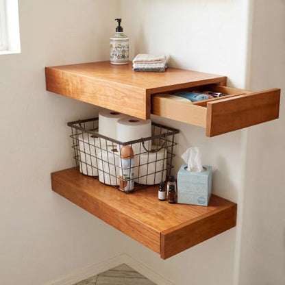 Pinkunn 2 Pack Floating Shelves with Drawers Natural Solid Wood 15.7x9.8 in | Wall Mounted Storage Shelf Hanging Rustic Plants Books Shelves for Living Room Entryway Hall Bedroom Bathroom