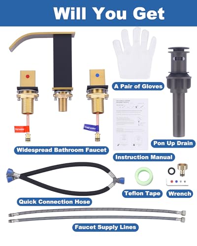 Waterfall Bathroom Faucet Black and Gold: ARCORA Bathroom Faucet 3 Hole, 8 Inch Widespread Bathroom Faucet with Pop Up Drain and Hose - color: Black and Gold