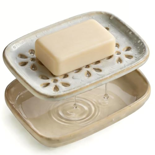 Miamolo Soap Dish for Shower with Drainage, Double Layer Bar Soap Holder, Ceramic Soap Saver Sponge Holder for Bathroom, Tub and Kitchen Sink, Slotted Draining Soap Dishes Extend Soap Life, Beige - color: Beige
