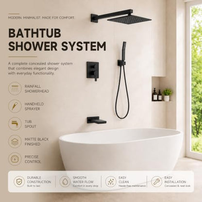 Shower System with Tub Spout, All Metal Black Bathtub Shower Faucet Set with High Pressure 10 Inch Rain Shower Head and Handheld Shower Head Set, Matte Black (Valve Include） - color: Matte Black