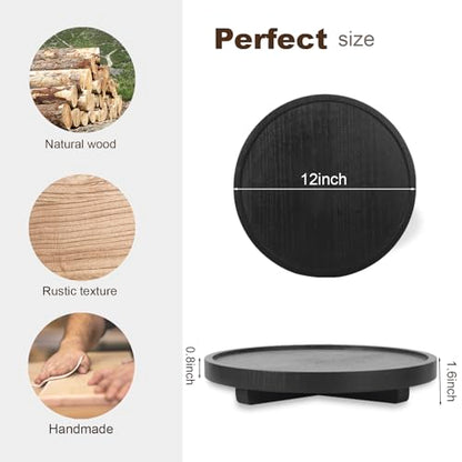 Round Decorative Tray Wood Bathroom Counter Organizer Farmhouse Kitchen Decor Wooden Riser for Soap Dish, Perfume, Candle, Sponge, 12" - Black | Waterproof, Lightweight, Easy Clean, Wood Riser Pedestal Stand Accessories for Office Desk, Vanity, Counter, S