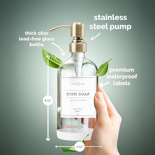 Vine Creations Clear Glass Soap Dispenser, 2 Pack Kitchen Soap Dispenser Set with Stainless Steel Pump, 16 oz Dish Soap and Hand Soap Dispensers for Bathroom with Waterproof Labels - color: Clear Bottle / Brushed Brass Pump