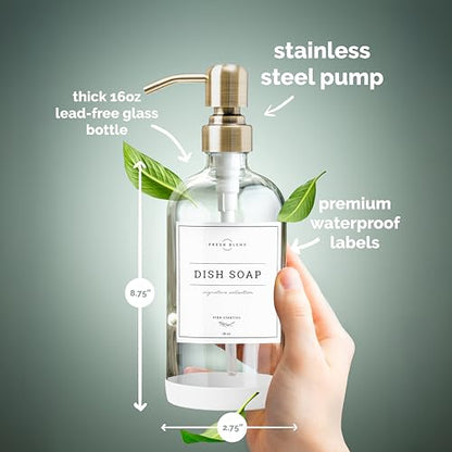 Vine Creations Clear Glass Soap Dispenser, 2 Pack Kitchen Soap Dispenser Set with Stainless Steel Pump, 16 oz Dish Soap and Hand Soap Dispensers for Bathroom with Waterproof Labels - color: Clear Bottle / Brushed Brass Pump