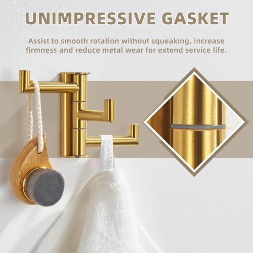 Suyar Brushed Gold Towel Hook, Bathroom Coat Robe Holder with 3 Swivel Arms | SUS304 Stainless Steel, Wall Mounted - color: Brushed Gold, size: 1 Pack