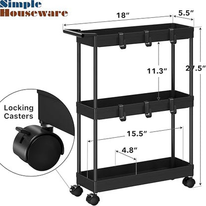 Simple Houseware 3-Tier Slim Rolling Cart w/Handle 5.5" Wx27.5 H, Black | Storage Cart for Narrow Space (5.5-Inch Wide) Kitchen, Bathroom, Laundry Room - color: Black