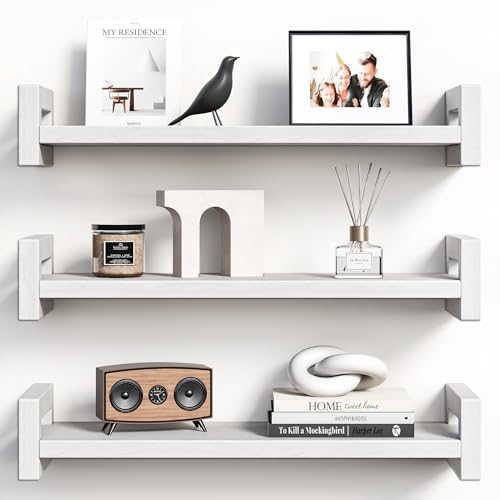 Vailando Floating Shelves for Wall, Set of 3 Solid Wood Wall Mounted Shelves, 16" White Display Shelf for Bedroom, Living Room, Bathroom, and Kitchen Decor - Heavy-Duty & Natural Pine - color: White, size: 16 inch