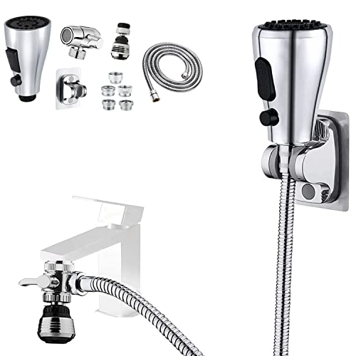 Kitchen Faucet Sink Sprayer Attachment Set,3 Modes Sink Sprayer Replacement Head with Stainless Steel Hose,Faucet Aerator and Brass Diverter Valve (5 pcs Adapter) for Washing Fruit,Dishes and Hair1 - color: With Silver Hose