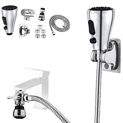 Kitchen Faucet Sink Sprayer Attachment Set,3 Modes Sink Sprayer Replacement Head with Stainless Steel Hose,Faucet Aerator and Brass Diverter Valve (5 pcs Adapter) for Washing Fruit,Dishes and Hair1 - color: With Silver Hose
