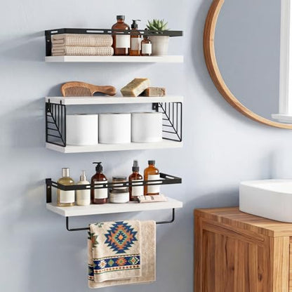 Fixwal Wall Mounted Bathroom Shelves Over Toilet (3+1 White) | Wall Shelf with Basket Storage , Towel Bar, Solid Wood, 22Lb Capacity, Easy DIY Install - color: 4-white