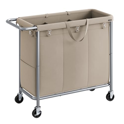 SONGMICS Laundry Basket with Wheels, 3-Section, 52.7 Gallons (199.5 L) | Rolling Laundry Hamper, Removable Liner, Steel Frame with Handle, 35.8 x 15.4 x 31.9 Inches, STEVIE Collection URLS005N01 - color: Camel Brown, size: 200 L (3-Section)
