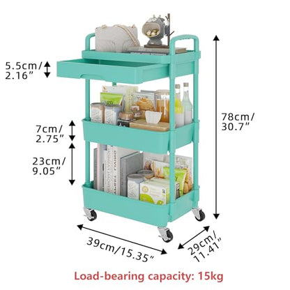 Calmootey 3-Tier Rolling Utility Cart with Drawer,Multifunctional Storage Organizer with Plastic Shelf & Metal Wheel,Storage Cart for Kitchen,Bathroom,Living Room,Office,Green | Space-Saving Organizer, Sturdy Plastic Shelves, Smooth-Rolling Metal Wheels,