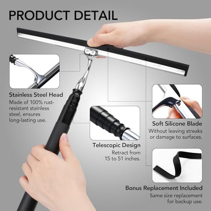 Shower Squeegee with Long Handle, 15-51" Telescopic Squeegee for Window Cleaning, Shower Squeegee for Glass Doors, Extendable Window Cleaner Tool for Tile Walls, Sliding Door, Floor, Car Windshield
