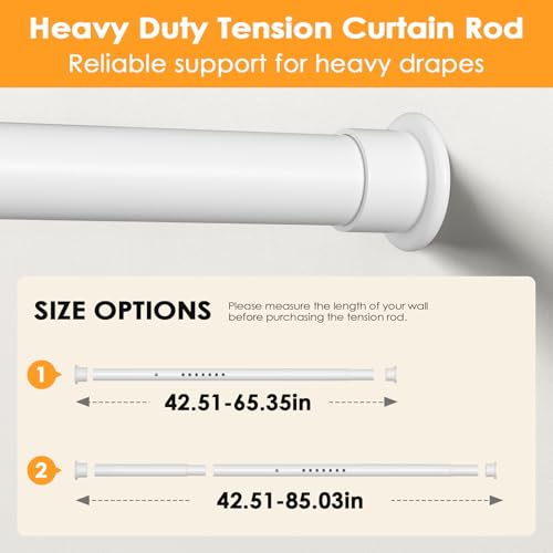 Tension Curtain Rod 43-85 Inches Extra Long White Heavy Duty | Tension Rods Adjustable Curtain Rod No Drilling Spring Loaded Tension Rod for Windows Patio Curtains and Non Slip - color: White, size: 43 to 85 inches