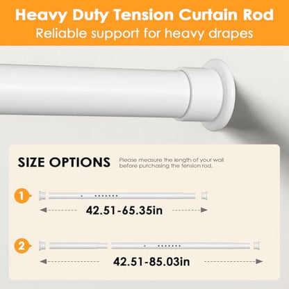 Tension Curtain Rod 43-85 Inches Extra Long White Heavy Duty | Tension Rods Adjustable Curtain Rod No Drilling Spring Loaded Tension Rod for Windows Patio Curtains and Non Slip - color: White, size: 43 to 85 inches
