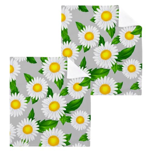 White Daisies Washcloths Towels, Highly Absorbent and Soft Cotton Face Cloths, 2 Pack Quick Dry Wash Cloths - 12 X 12 Inches
