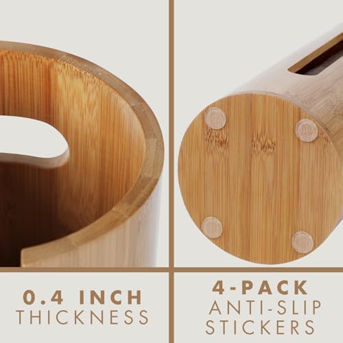 Gobam Bamboo Toilet Paper Storage with Dual-Use Lid, Freestanding Bathroom Tissue Organizer with Viewing Slot, Built-In Handle, Anti-Slip Base, Compact Toilet Paper Holder Stand for up to 3 Mega Rolls - size: 3 Roll - Round