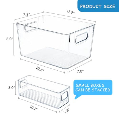 Set of 8 Pantry Organizers and Storage, Clear Plastic Bins(4L+4S) | BPA-free PETG storage containers with handles, Ideal for kitchen, fridge, bathroom, cabinet, office, and garage organization - size: 4 Large & 4 Small