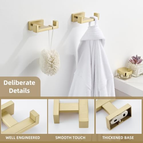 Angle Simple Double Towel Hook Brushed Gold, Bathrobe Coat Holder, 2 Pack | SUS304 Stainless Steel Robe Hook for Bathroom Wall, Hand Towel Hanger Screw Wall Mount - color: Brushed Gold, size: 2 Pack
