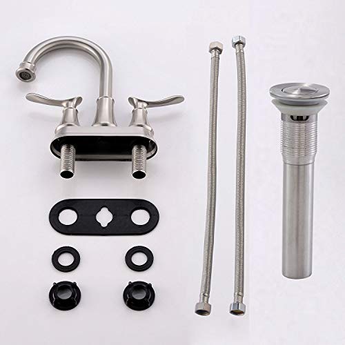 KINGO HOME Modern Brushed Nickel 2-Handle Bathroom Faucet, 4 inch Centerset RV Bathroom Sink Faucet Lavatory Bath Sink Vanity Faucet with Water Supply Lines and Pop Up Drain - color: Brushed Nickel