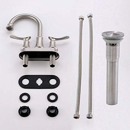 KINGO HOME Modern Brushed Nickel 2-Handle Bathroom Faucet, 4 inch Centerset RV Bathroom Sink Faucet Lavatory Bath Sink Vanity Faucet with Water Supply Lines and Pop Up Drain - color: Brushed Nickel