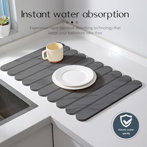 24"×16" Grey Stone Dish Drying Mats for Kitchen Counter, Large Quick Dry Collapsible Eco-Friendly Super Absorbent Diatomaceous Earth Heat-resistant Mat for Dishes Bottles Cups, Match Any Countertop - color: Dark Grey-l07 Marble Pattern