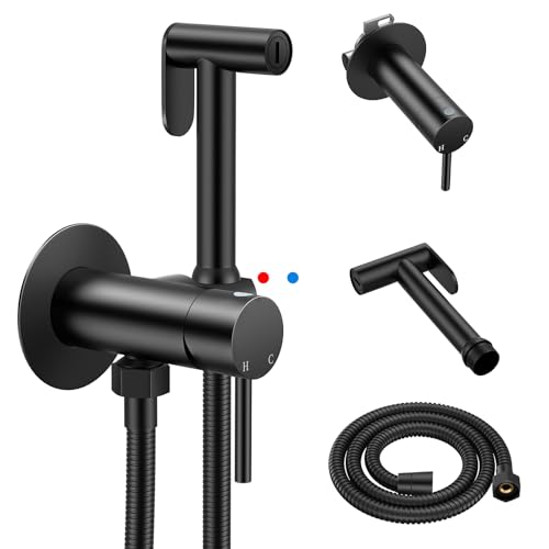 Arofa Built-in Hot and Cold Bidet Sprayer, Warm Water Bidet, Matte Black | Wall-Mounted Design, Dual Control Modes, Leak-Free Bidet Hose, Feminine/Baby/Pet Wash, Cloth Clean & Rinse, Stainless Steel - color: Black, size: Built-in Hot & Cold Water Modes-Ro
