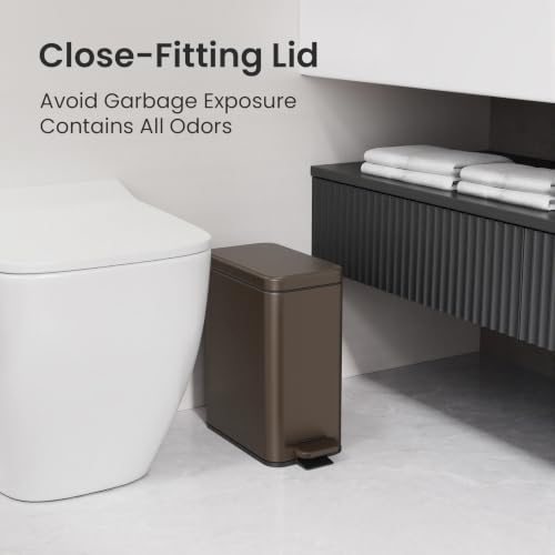 Cesun 2.6 Gallons Small Bathroom Trash Can with Lid Soft Close, Brown | Removable Inner Bucket, Small Stainless Steel Garbage Can for Bedroom/Office, Hands-Free Step Pedal, Fingerprint-Resistant - color: Brown