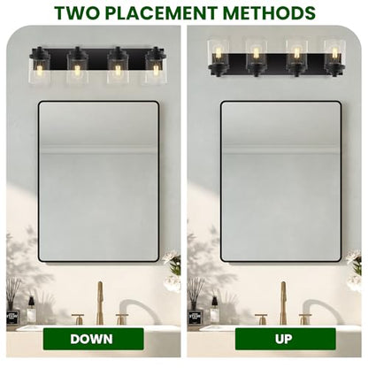 Bathroom Vanity Light Fixture, 4-Light Modern Black Vanity Light Fixtures with Clear Glass Shade, Matte Black Bathroom Light Fixtures Over Mirror, Rustic Restroom Lighting Fixtures - color: Black, size: 4-Light