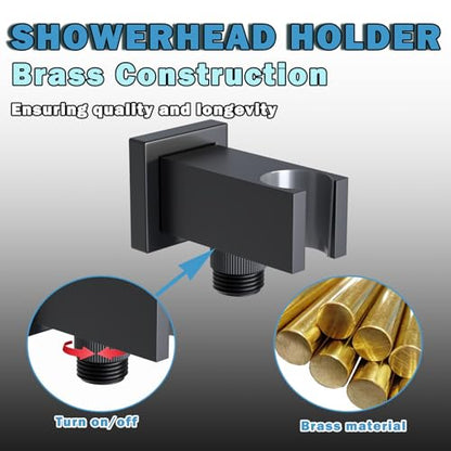 Bathroom Brass Square Wall Mount Handheld Shower Head Holder Water Supply Elbows with On/Off Flow Control Bracket, Matte Black - color: Matte Black