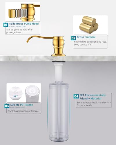 Built in Deck Mount Liquid Lotion Kitchen Countertop Metal Soap Dispenser, Gold Brass Dispenser Pump with 500ml (17oz) High Capacity Bottle - color: Gold, size: Without Hose