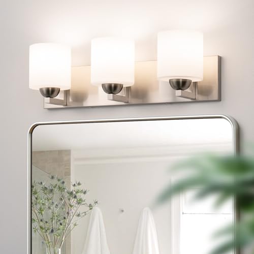 mirrea 3-Light Brushed Nickel Bathroom Vanity Light with White Glass Shades | Over Mirror,Wall Sconce,ETL listed,Bathroom Lighting Fixtures,Elegant Design,Milk White Glass Shade,Easy Installation - color: Brushed Nickel, size: 3-light