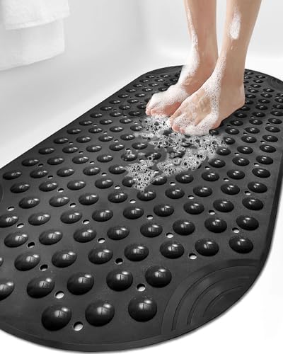 DEXI Bathtub Mat Non Slip 16x35, Shower Floor Mats for Bathroom Bath Tub | Black, Washable Oval Bathmat, Suction Cups and Drain Holes to Keep Tubs Clean - color: All Black