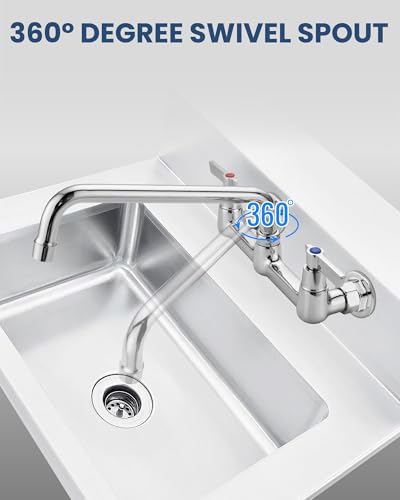 Airuida 8 Inch Chrome Polish Wall Mounted Kitchen Faucet with 10 Inch Spout | Commercial Sink Faucet,Dual Handles,Utility Sink Faucet,360° Swivel Spout - size: 10 Inches Spout