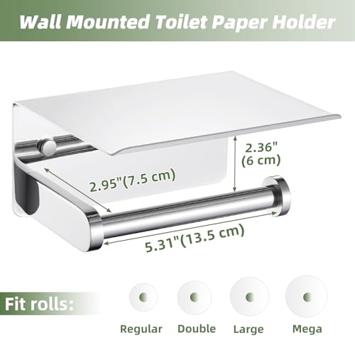 Polished Chrome Toilet Paper Holder with Phone Shelf, Wall Mounted | Sturdy 304 Stainless Steel, Fits Bathroom, Restroom, Powder Room, Heavy Duty Paper Roll & Tablet Storage Tissue Dispenser - color: Polished Chrome, size: Single Rod