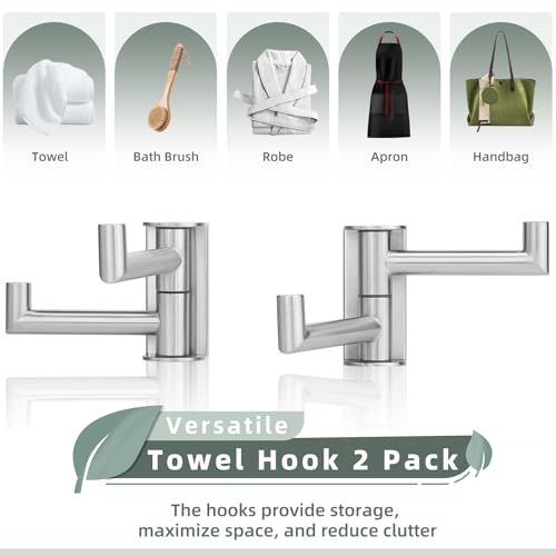 Aomasi Brushed Nickel 2 Pack Swivel Coat Hooks, 304 Stainless Steel Foldable Towel Hooks with 2 Rotating Arms, Wall Mounted - color: Brushed Nickel, size: 2 Pack