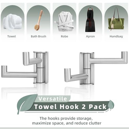 Aomasi Brushed Nickel 2 Pack Swivel Coat Hooks, 304 Stainless Steel Foldable Towel Hooks with 2 Rotating Arms, Wall Mounted - color: Brushed Nickel, size: 2 Pack