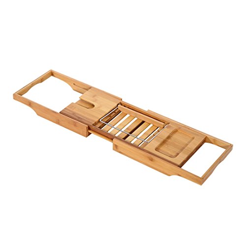 Bathtub Rack Bamboo Shelf Shower Tub Book Reading Tray Holder Stand Expandable