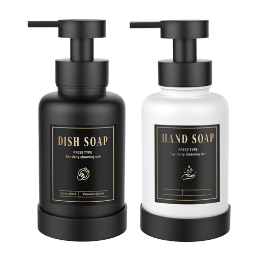 Luxspire Foaming Soap Dispenser 15oz Hand Soap Bottle, Black+White, 2 Pack | Anti-drip pump, wide mouth easy refill, non-slip silicone base, 7 waterproof labels, bathroom and kitchen sink use - color: Black + White