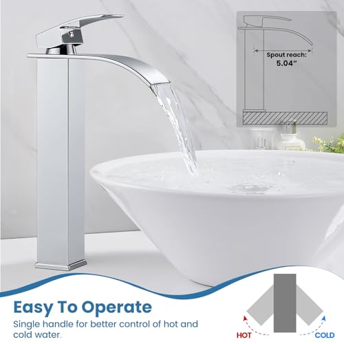 Airuida Vessel Sink Faucet,Chrome Polish Tall Waterfall Bathroom Faucet | Single Handle,Tall Bathroom Faucet 1 Hole,Vanity Faucet,without Drain,Bowl Bathroom Faucet - color: Chrome Polish