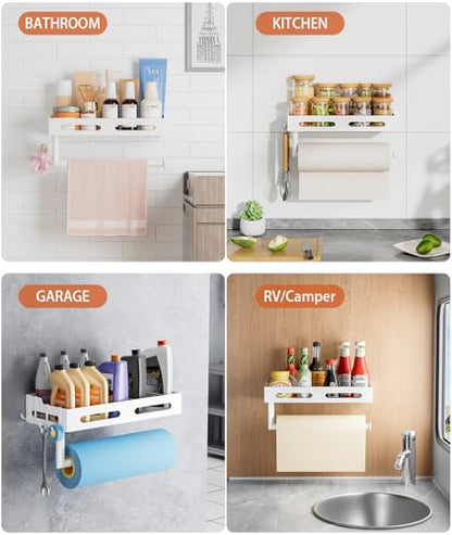 Paper Towel Holder Wall Mount with Shelf, Easy One Hand Tear, Adhesive Glue or Drill Mount Hanging Paper Towel Holder with Shelf for Kitchen/Bathroom/RV, White Metal, 4 Hooks - color: White