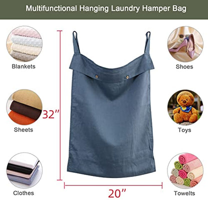 Linen Hanging Laundry Bag, 100% Linen Over The Door Laundry Hamper with Buttons and Zipper, Space Saving Door Hampers for Laundry Dirty Clothes Home Travel, Navy Blue - color: Navy Blue