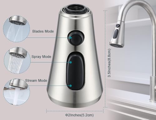 Brushed Nickel Pull Down Kitchen Faucet Head Replacement with 9 Adapters | 3-function spray, stream, spray & high-pressure rinse, 9 adapters, fits most faucets, removable aerator, no tools needed - color: Brushed Nickel