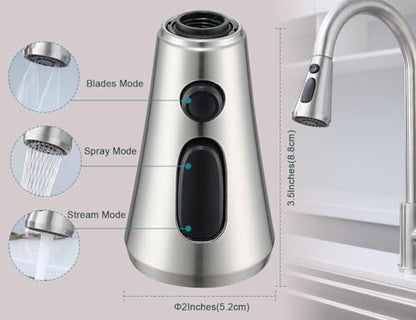 Brushed Nickel Pull Down Kitchen Faucet Head Replacement with 9 Adapters | 3-function spray, stream, spray & high-pressure rinse, 9 adapters, fits most faucets, removable aerator, no tools needed - color: Brushed Nickel