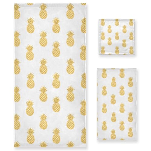 ALAZA 3-Piece Towel Set, Gold Pineapple Bath Towel Sets, 1 Bath Towel, 1 Hand Towel, 1 Washcloth, Absorbent Soft Towels Quick Drying for Bathroom - color: Multi14