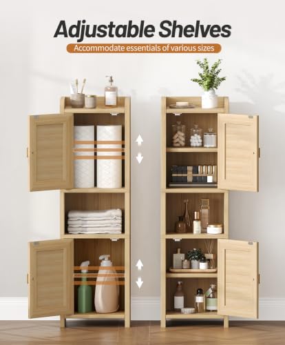 Akxomel 9.8''W Rattan Small Bathroom Storage Cabinet 2 Doors Oak | Small Bathroom Cabinet with Adjustable Shelf, Bathroom Organizer for Small Spaces, Wooden Corner Unit